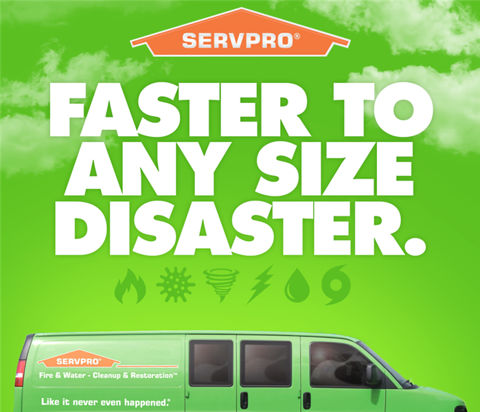 Green logo with van and words saying: Faster To Any Size Disaster